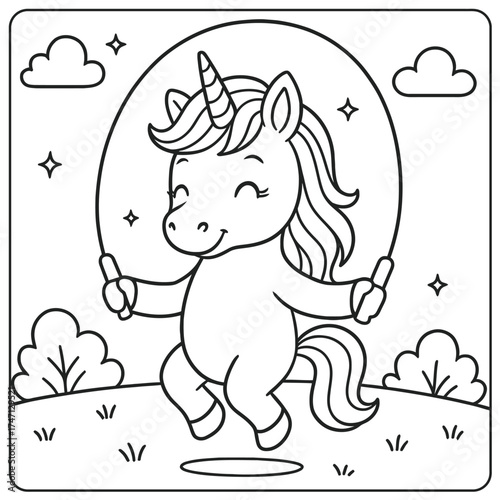 A cute unicorn jumping rope in a black and white illustration with clouds and grass
