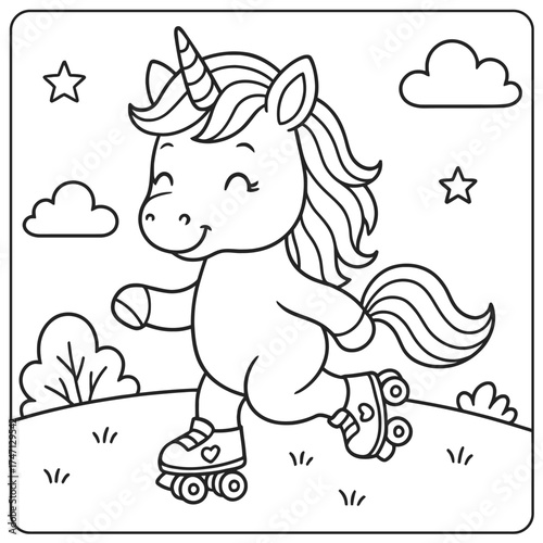 A cute unicorn on roller skates with clouds and stars in a black and white coloring page