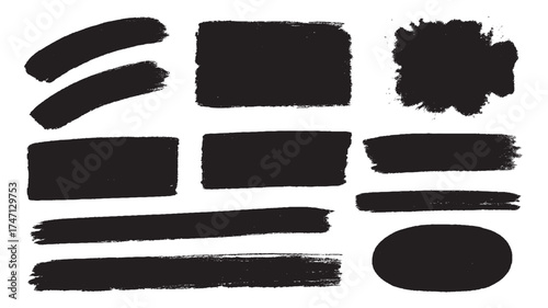Black Paint Brush Strokes and Ink Marks Vector Texture Set on White Background