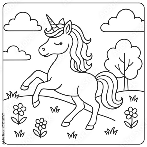 Outline drawing of a unicorn rearing up in a field with flowers, tree and clouds