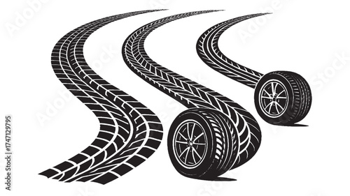 Realistic Curved Car Tire Tracks with Wheels Vector Illustration on White Background
