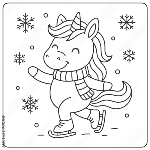 A cute unicorn wearing a scarf and ice skating surrounded by snowflakes coloring page