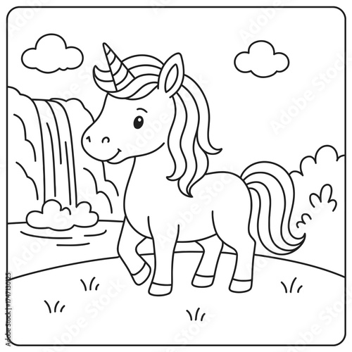 Outlined unicorn standing near a waterfall with clouds and grass coloring page for kids