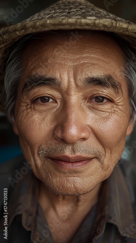 Weathered Face of an Elderly Man Under a Traditional Hat