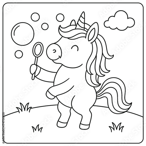 A cute unicorn blowing bubbles in a black and white coloring page with a cloud above it