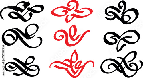 Collection of elegant black and red calligraphic flourishes and decorative ornaments on a white background
