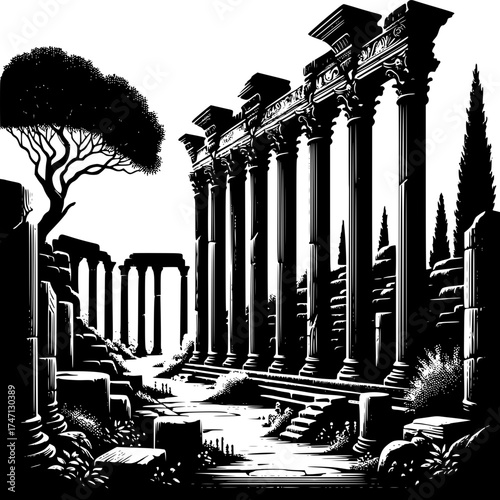 Ancient Ruins: A majestic black and white image showcasing the remnants of an ancient civilization, with towering pillars, weathered arches, and stone pathways.