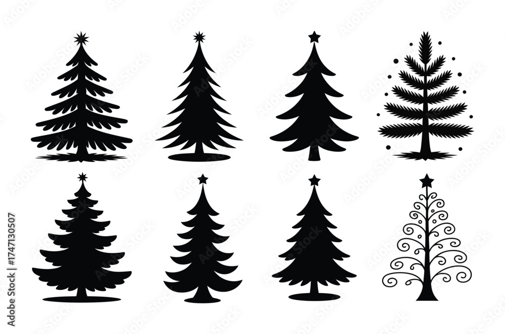 Fototapeta premium Christmas tree silhouette collection decorated pine and fir festive vector set