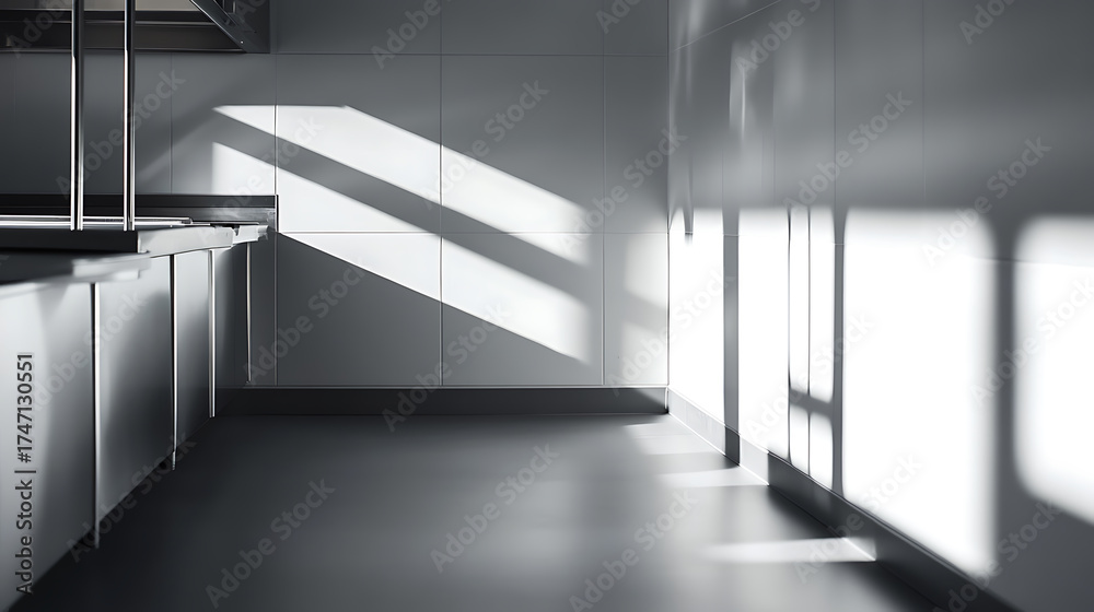 Obraz premium Sleek kitchen interior with sunlight casting bold shadows. Modern design meets natural light in this minimalist space. Functional and aesthetically pleasing.