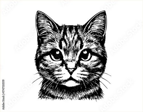Vintage-style engraving of a cat’s face with detailed fur texture and expressive eyes. Hand-drawn etching illustration in black and white, perfect for classic or artistic design themes.