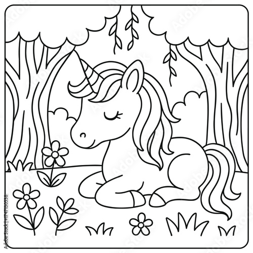 A coloring page of a unicorn resting in a forest clearing with flowers and trees around