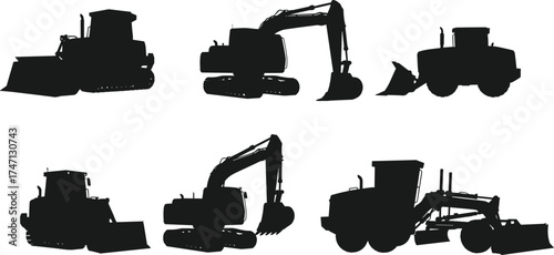 Construction vehicle silhouettes, bulldozer, excavator, front loader, motor grader, heavy machinery, black illustration, vector graphic, isolated PNG, equipment icons