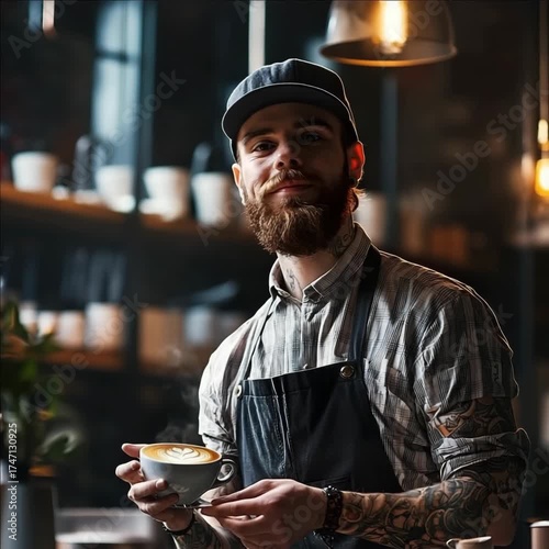 Wallpaper Mural Smiling bearded barista preparing coffee at counter, casual young appearance, concept of coffee business, hospitality, service and modern cafe lifestyle. Torontodigital.ca