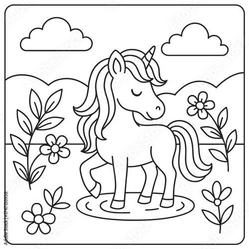 A black and white line drawing of a unicorn standing in water with flowers and clouds