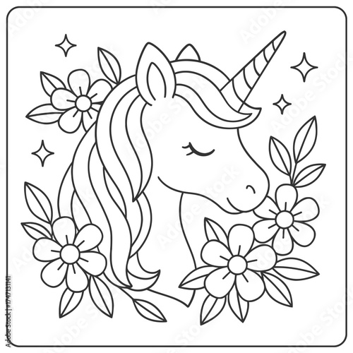 Line art drawing of a unicorn head surrounded by flowers and stars on a white background