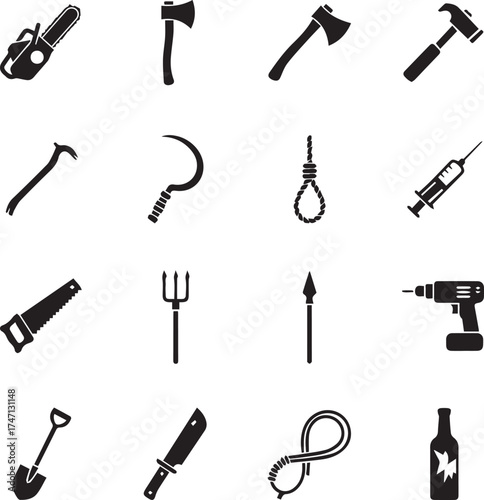 Black silhouette icons of horror-themed tools and weapons in a grid layout. Perfect for Halloween designs, spooky posters, and eerie digital assets