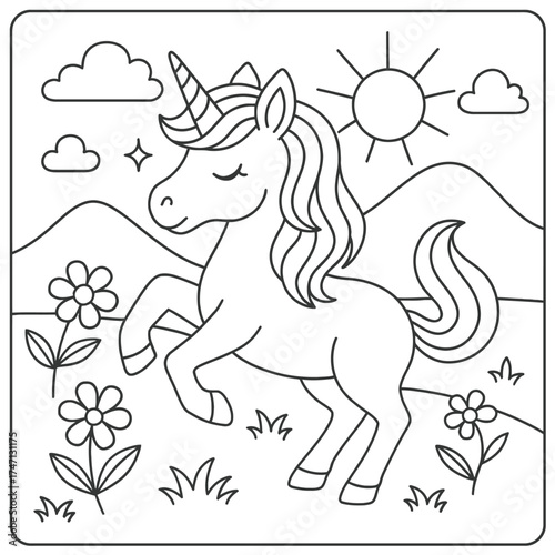 Coloring page of a unicorn in a field with flowers mountains and sun in black and white
