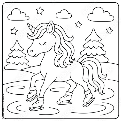 A coloring page of a unicorn ice skating with trees clouds and stars in the background