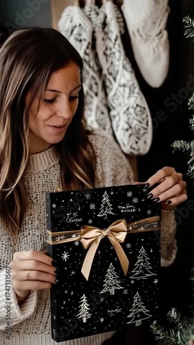 Wallpaper Mural Charming young girl unwrapping her Christmas gift with excitement and joy. The moment captures holiday magic, cozy home decor, and the emotional spark of festive celebrations Torontodigital.ca