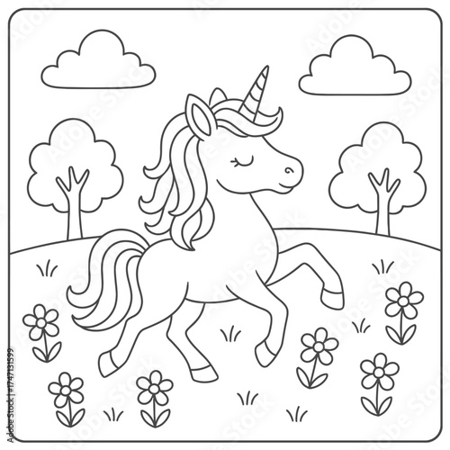 A coloring page of a unicorn in a field with flowers trees and clouds in black and white