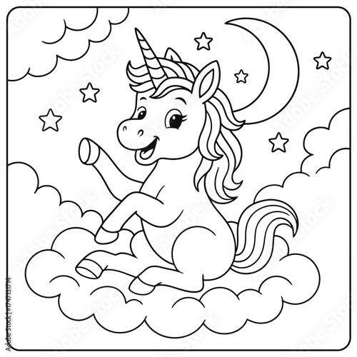 Coloring page of a cartoon unicorn sitting on clouds with stars and a crescent moon above