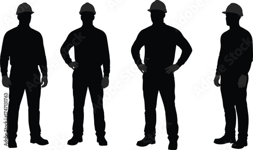 Construction worker silhouettes, black illustration, safety helmet, industrial pose, occupational graphic, side view, labor force, vector art, isolated PNG