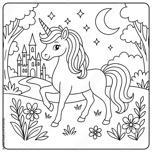 A coloring page of a unicorn standing in a landscape with a castle and moon above it