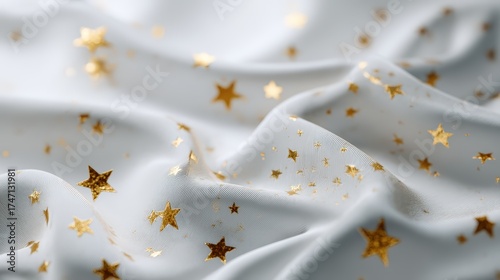 A white fabric with gold stars on it