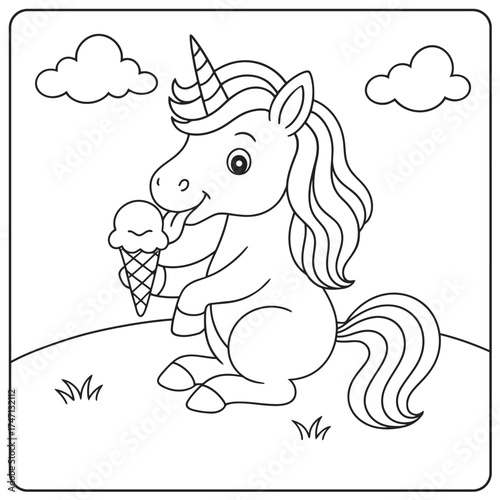 A cartoon unicorn sitting on a hill licking an ice cream cone in a black and white image