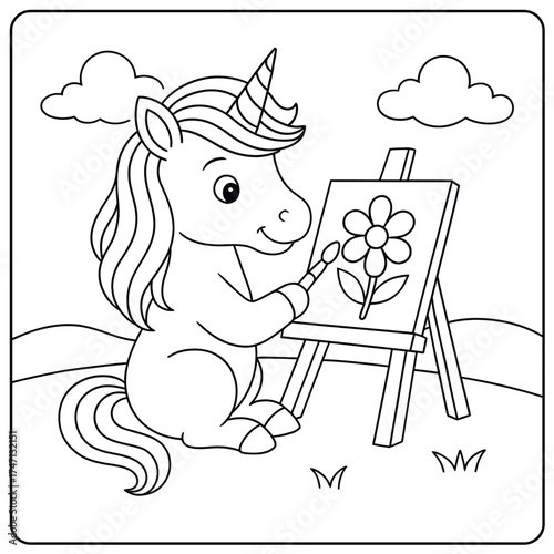 Outline drawing of a unicorn painting a flower on a canvas with clouds in the background