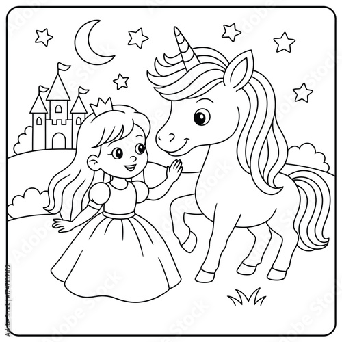 A coloring page illustration of a princess with a unicorn under a starry moonlit sky
