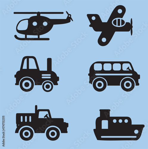 Different kind of toys transportation on gray background.