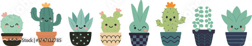 Adorable kawaii cactus and succulent pots in cute flat vector style, smiling houseplants with pastel palette, simple doodle characters for kids decor, stickers, and nursery designs