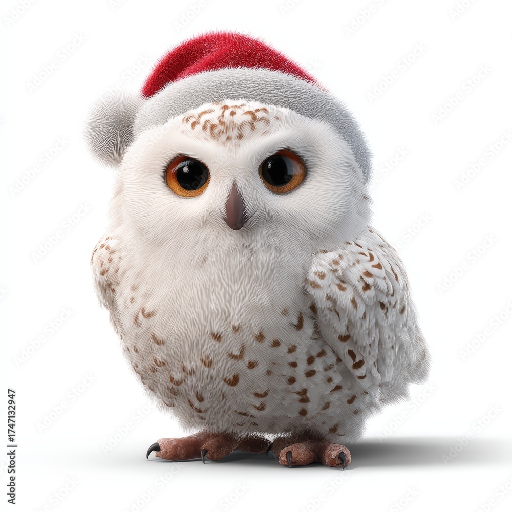 Fototapeta premium A white owl with a red hat on its head