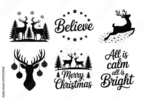 Christmas reindeer quote design with believe and merry christmas festive illustration