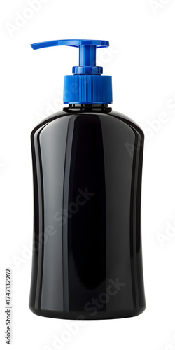 A sleek modern black liquid soap dispenser with a vibrant blue pump mechanism isolated on transparent background