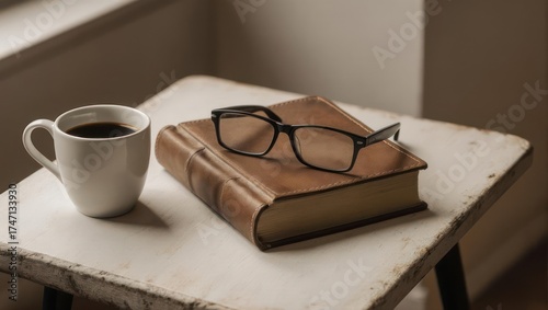 A book, glasses, and coffee on a small table near a window. Soft light and cozy ambiance