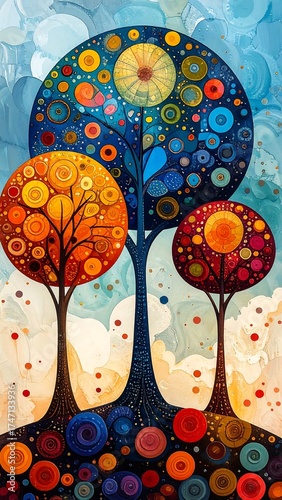 Abstract trees in vibrant colors, circles, and dots against a cloudy sky