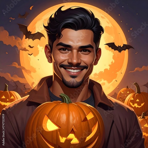 Halloween Celebration - Man with Pumpkin in Moonlight.
