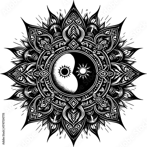 Yin and Yang Mandala: An intricate mandala design featuring the Yin and Yang symbol, a balanced representation of opposing forces, emphasizing harmony, wholeness and spirituality. 