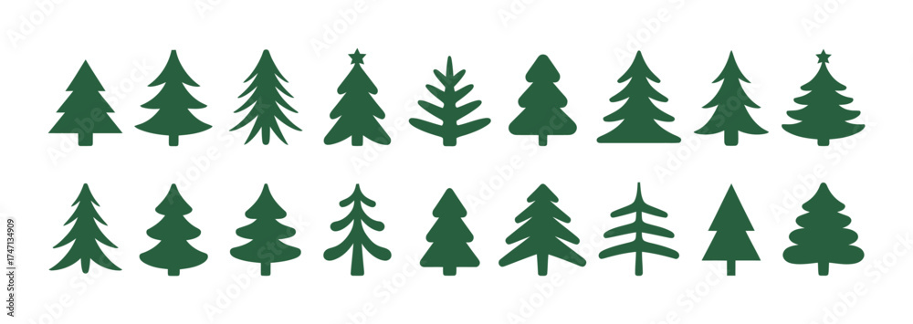 Fototapeta premium Green christmas tree icon collection set of festive pine and fir shapes