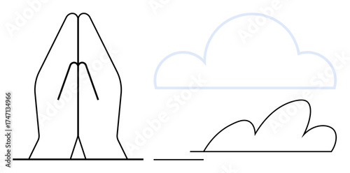 Hands folded in prayer next to a simple cloud silhouette. Ideal for faith, meditation, spirituality, hope, mindfulness, gratitude, tranquility. Simple flat metaphor