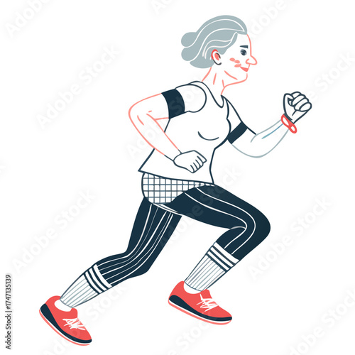 Active elderly woman jogging in sportswear with determination  