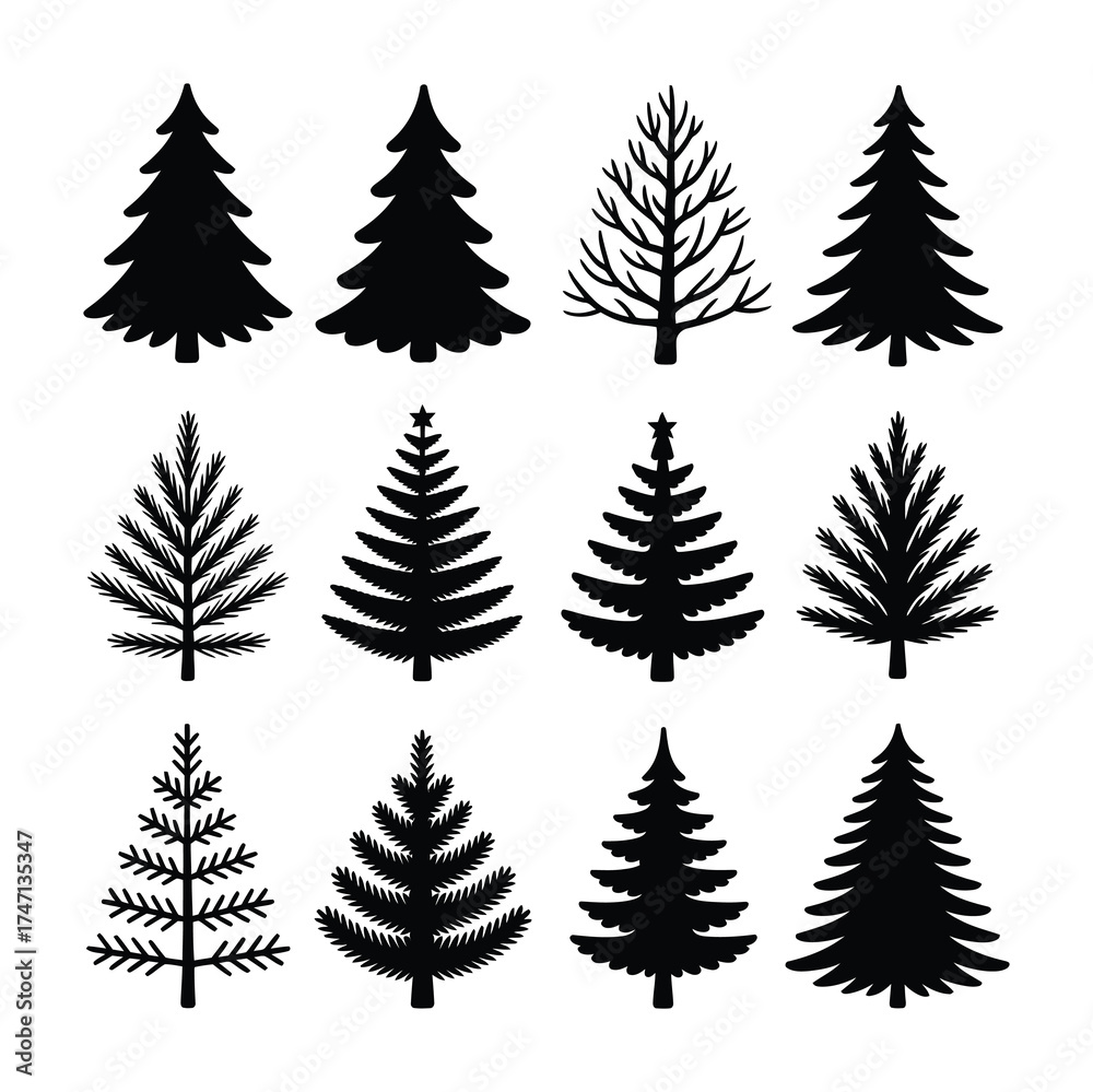 Obraz premium Pine and fir tree silhouette vector set evergreen forest christmas icons