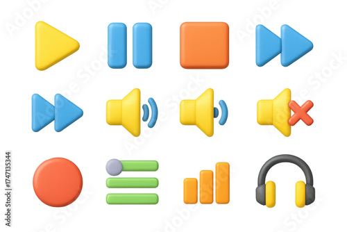 3D Media Icon Set. Media System Icons set of icons in 3D color style: play, pause, stop, rewind, fast forward, volume up, volume down, mute, record,