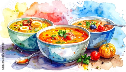 Watercolor soup bowls on a vibrant background