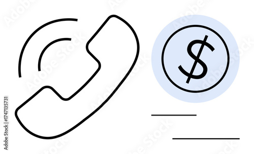 Line drawing of a ringing phone beside a dollar coin, symbolizing financial services, negotiation, client communication, and customer support. Ideal for finance, business, transactions, consulting