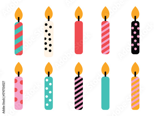 Burning Birthday Cake Candle Vector Collection – Cute Flat Design Candlelights Set for Party Invitations, Celebration Cards, and Festive Birthday Artwork