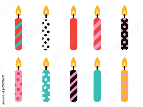 Burning Birthday Cake Candle Vector Collection – Cute Flat Design Candlelights Set for Party Invitations, Celebration Cards, and Festive Birthday Artwork