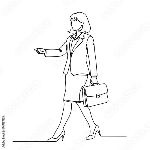 Elegant businesswoman line drawing in formal suit with briefcase. Businesswoman confidently strides forward, embodying determination and corporate style.